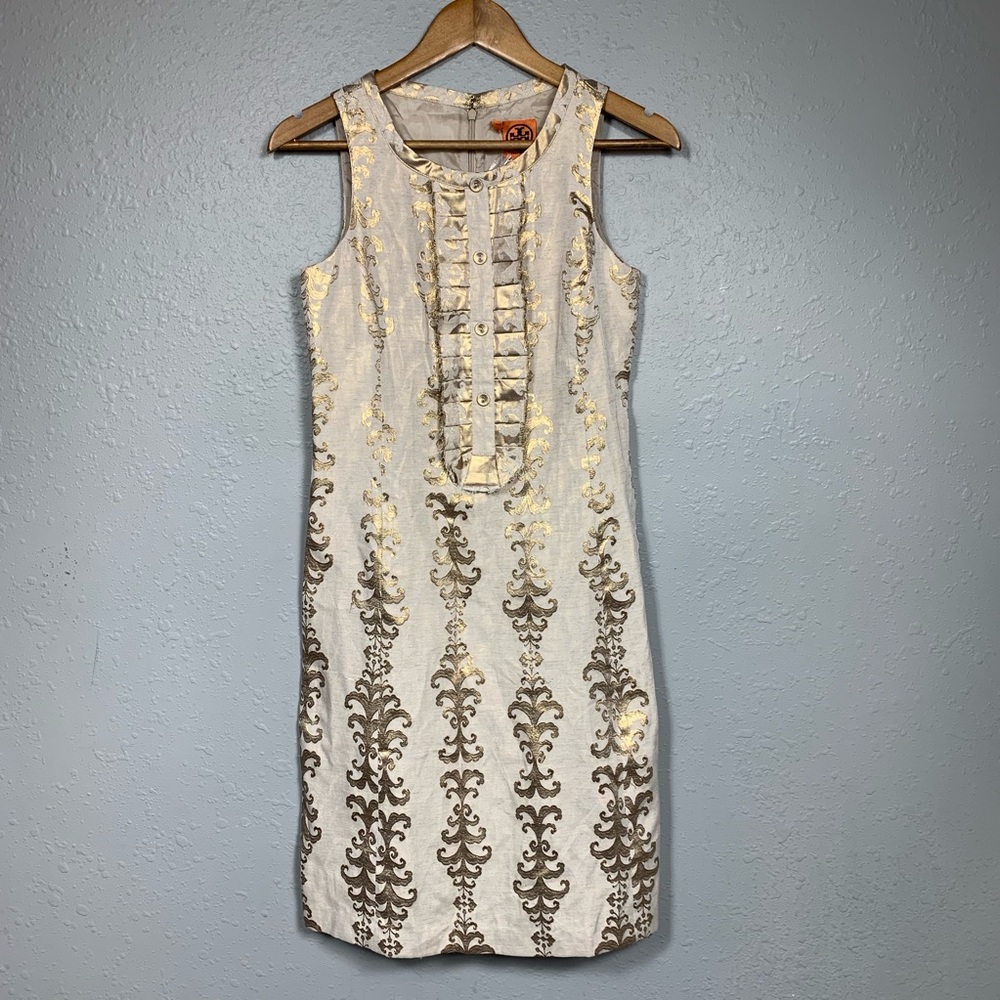 Tory Burch White and Gold Embroidered knee length Dress